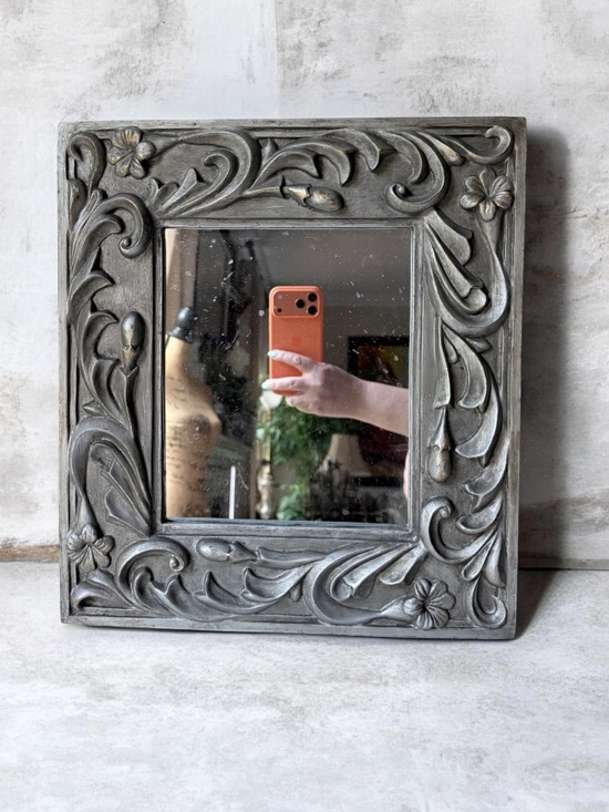 Other - Decorative Floral Carved Square Wall Mirror - silver Gray